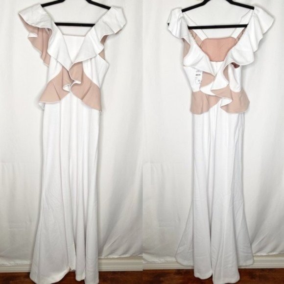 NWT C/MEO Collective Elation Ruffle-Bodice Gown in Ivory with Blush Size Large - Picture 2 of 10
